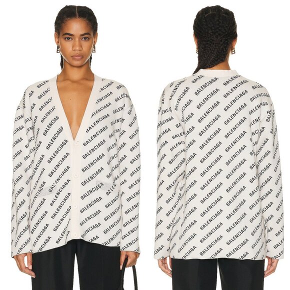 NWT Balenciaga Cardigan Sweater Off-white Allover Logo Knit Wool Blend V-Neck - Picture 2 of 11